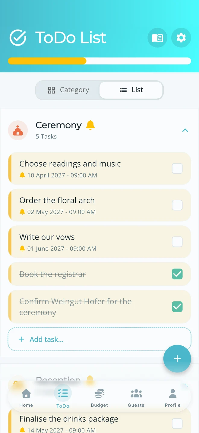 Wedding planning tools - budget tracking, guest management, and checklist features in Weddy app