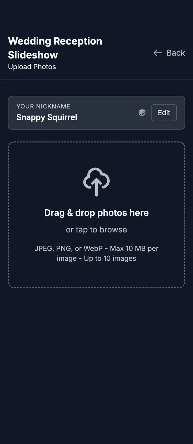 A guest uploading photos to the slideshow from their phone browser