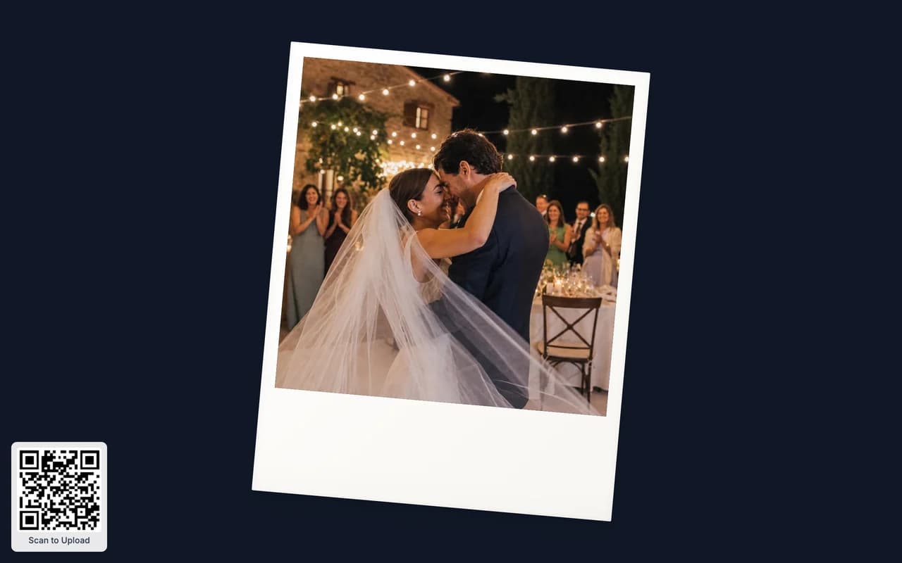 The live slideshow on a screen at the reception: a guest photo in a Polaroid frame with a QR code to upload