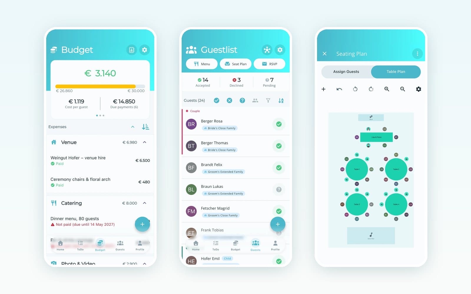 L'app Weddy che mostra il budget del matrimonio, la lista invitati con lo stato RSVP e la disposizione dei tavoli