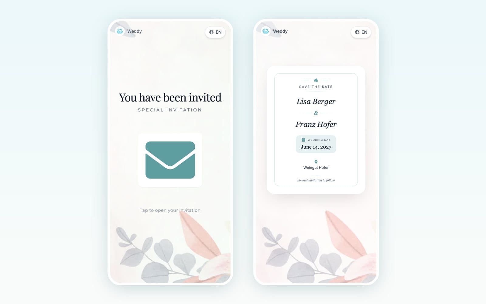Un save the date digitale nell'app Weddy: gli invitati aprono una busta e vedono i nomi degli sposi, la data e il luogo