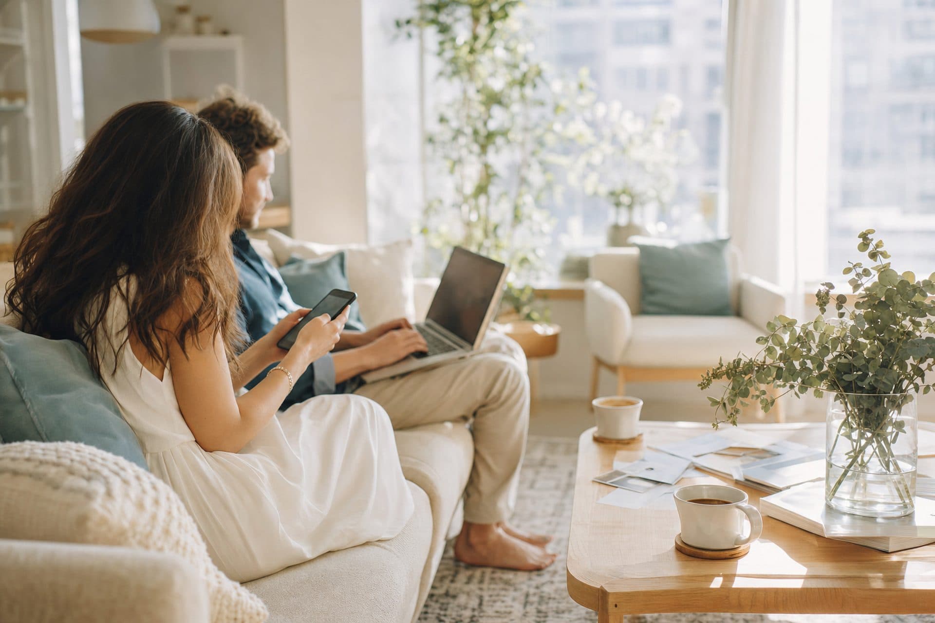 Una coppia di fidanzati sul divano che organizza insieme il matrimonio del 2027, tra smartphone e laptop