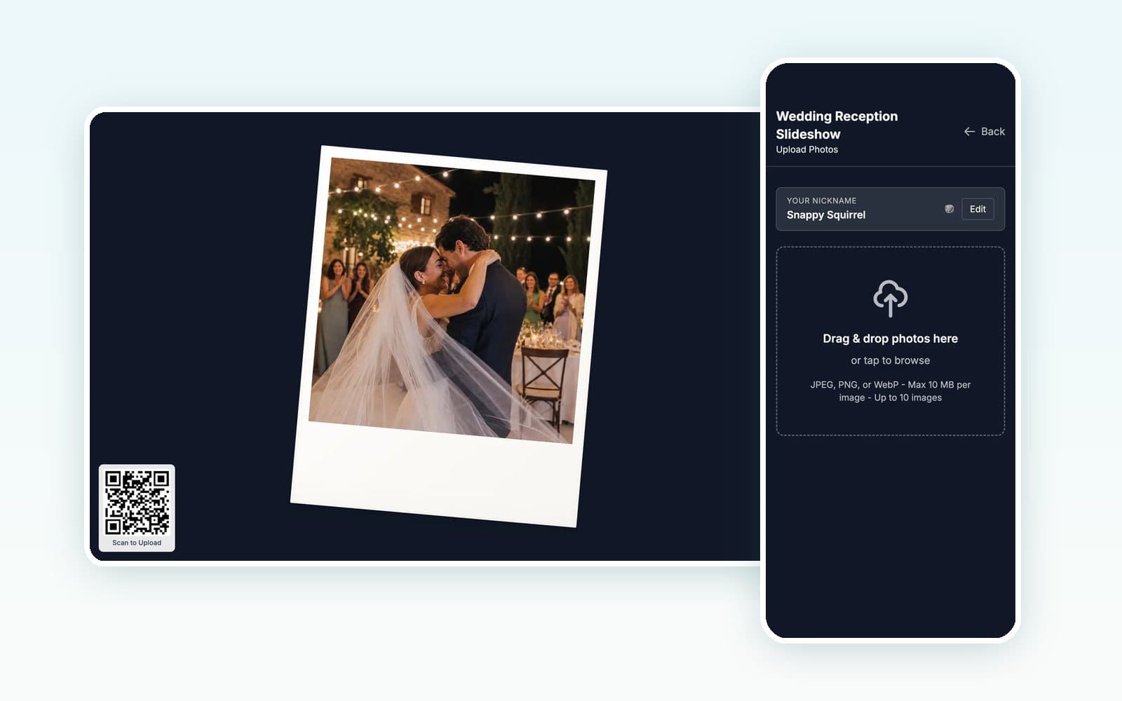Lo slideshow live delle foto di Weddy su un grande schermo con un QR code, accanto alla pagina di caricamento su un telefono