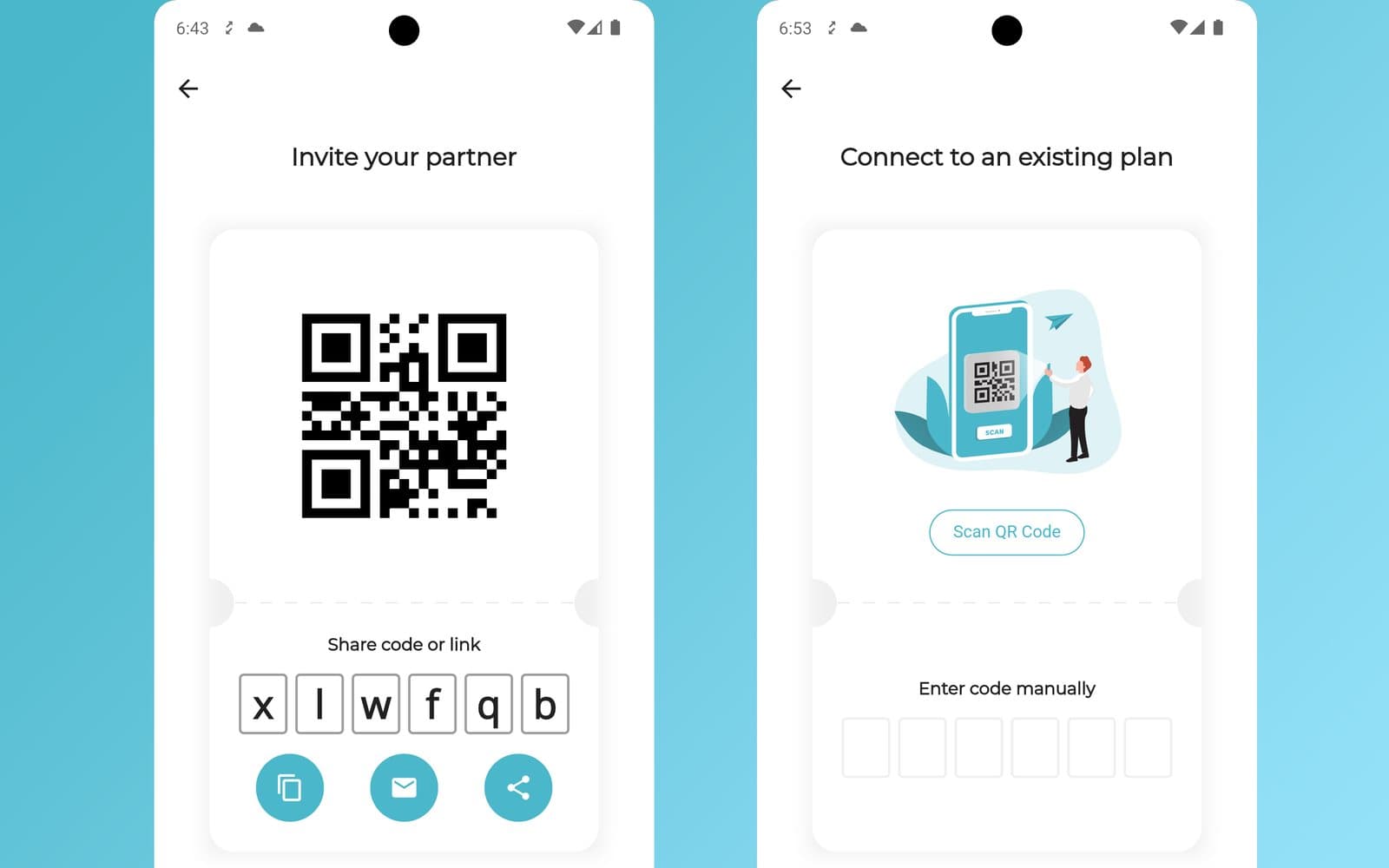 Invito del partner a un piano di matrimonio condiviso con un QR code o un codice di sei lettere