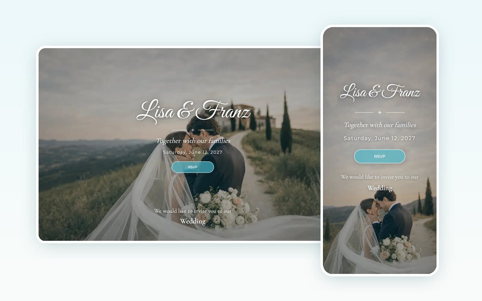 Un sito del matrimonio con un pulsante RSVP, mostrato su un laptop e su un telefono